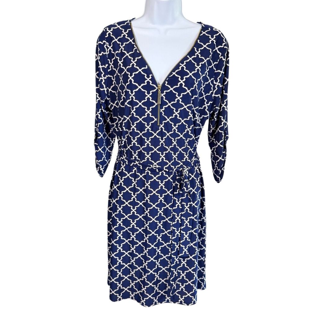 Tacera Womens Navy White Geometric Dress Med 3/4 Sleeve Gold Zipper Accent Neck
